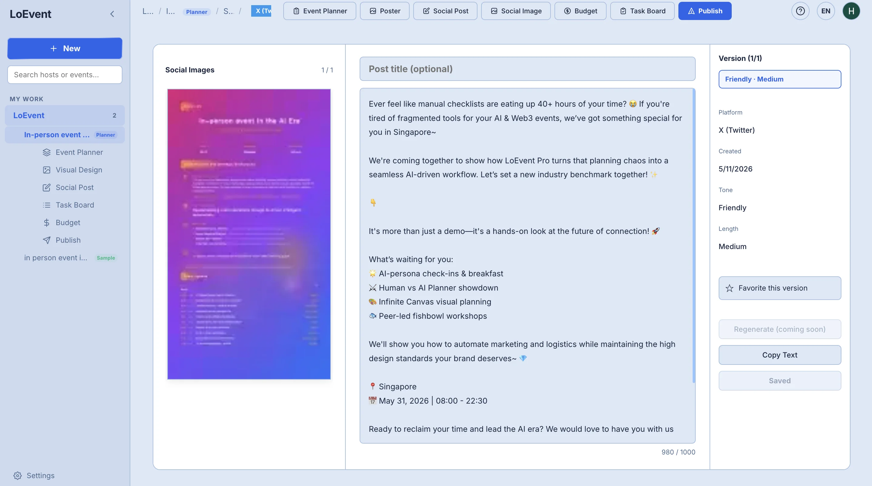 LoEvent Pro social post generator with tone, focus, and length controls for AI developer community engagement
