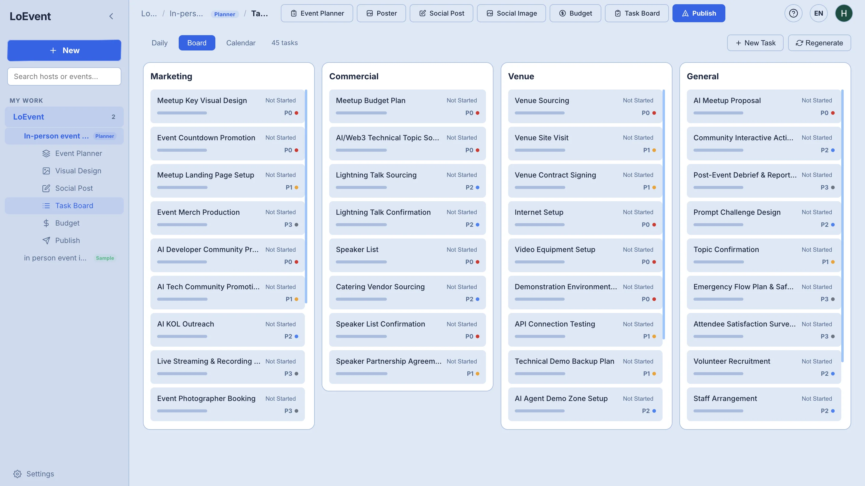 LoEvent Pro AI Task Board with four-dimension task structure auto-generated from event plan, built for AI tech event teams